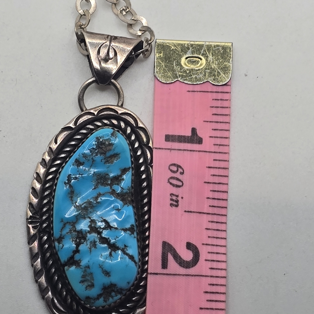 Vintage Native American Sterling Silver Signed Turquoise Pendant Necklace - Picture 5 of 10